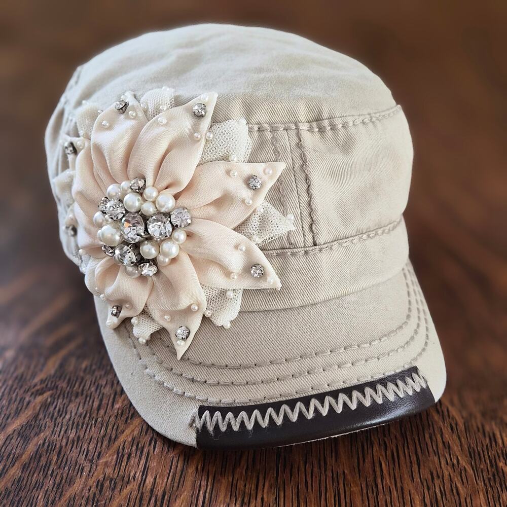 Olive & Pique Cadet Hat Khaki Cotton Flower Pearl Crystal Military Cap